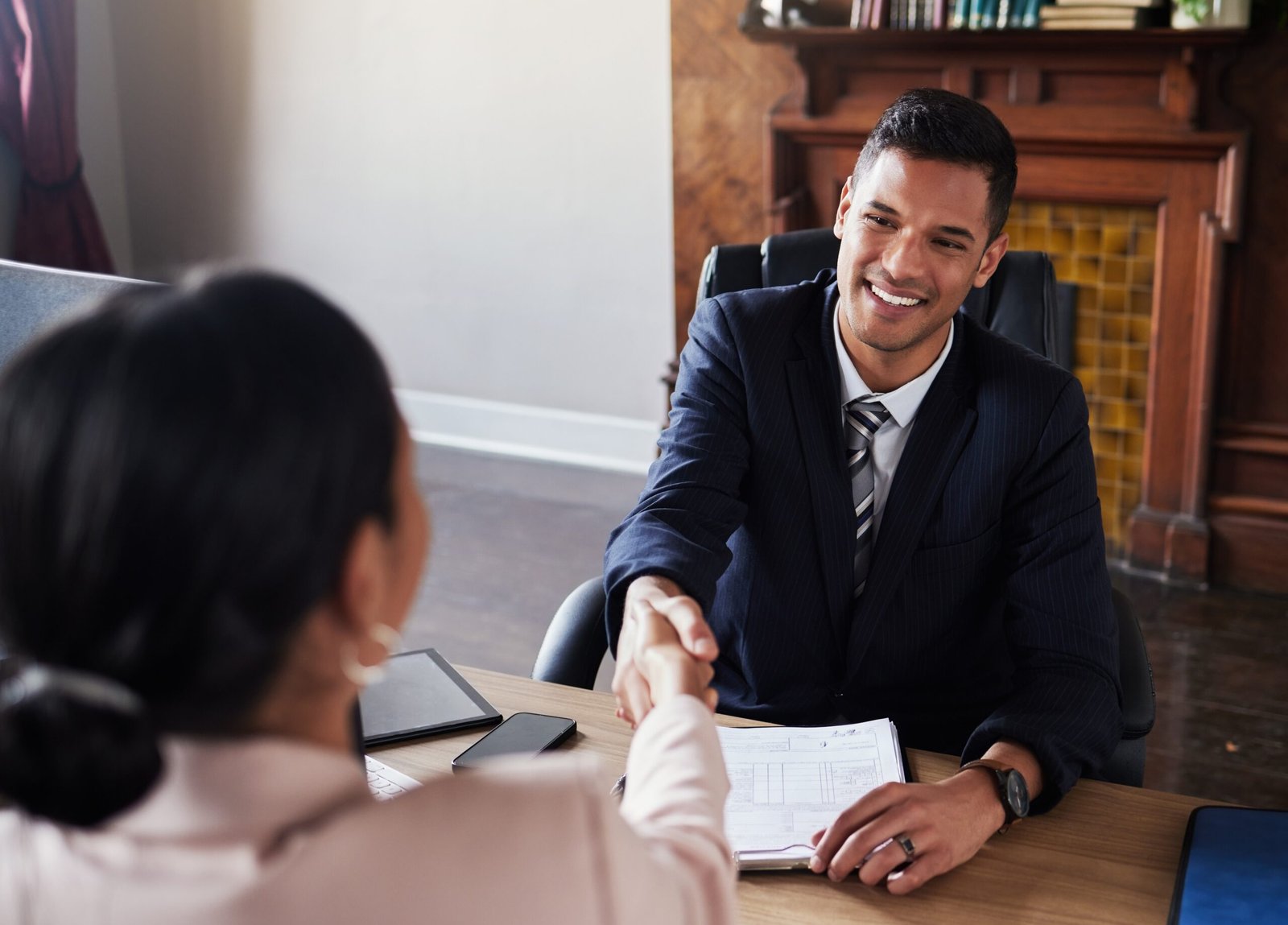 Lawyer,Man,,Handshake,And,Client,Meeting,In,Office,Of,Court Couple Smiling at Eachother