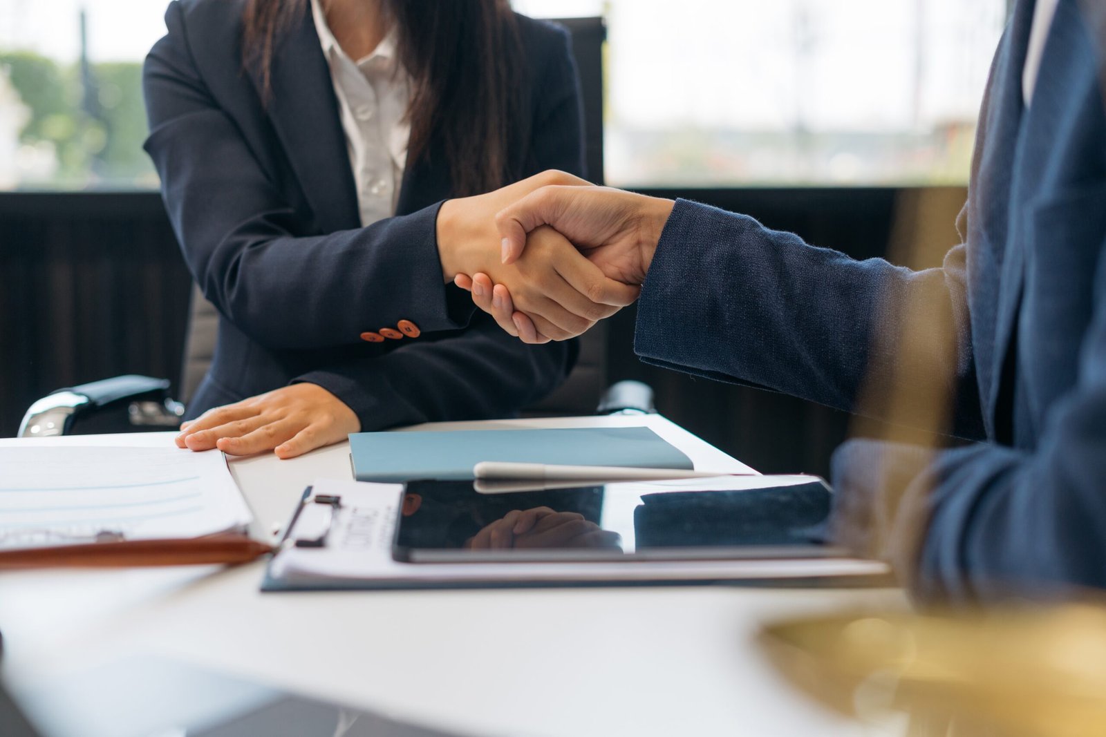 Middle,Age,Partner,Lawyers,Attorneys,Shaking,Hands,After,Discussing,A Couple Smiling at Eachother
